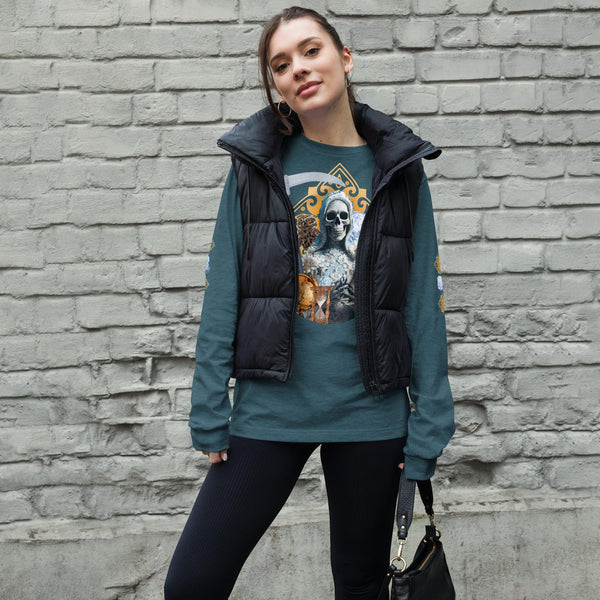 Intricate Santa Muerte Blanca design on Santa Muerte Blanca Long Sleeve Shirt